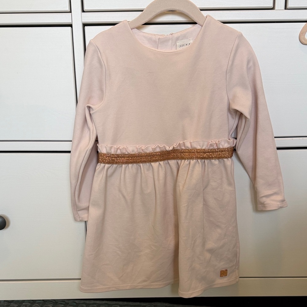 Girls' Soft Blush/Pink Long-Sleeve Dress with Glitter Waistband